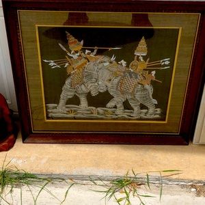 Vintage handwoven Indian elephant picture with frame